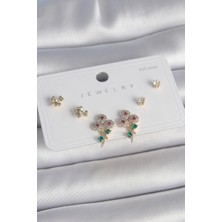 Coco Shopier Pirinç Gold Renk Renkli Zirkon Taşlı Çiçek Model Yaprak Detay 925 Ayar Gümüş Çivi Kadın Küpe Seti