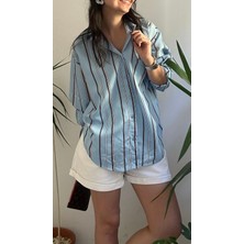 Lasorella Butik Kadın Mavi Çizgili Gömlek