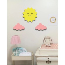 Mikasso Güneş + 2 Pembe Bulut Duvar Süsü Çocuk Odası Bebek Odası Duvar Süsü Duvar Dekoru Ahşap Sarı