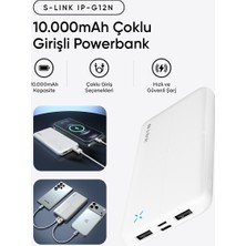 S-Link IP-G12N 10000MAH Micro+Usb+ Type-C Giriş+Çıkış Beyaz. Taşınabilir Pil Şarj Cihazı Powerbank
