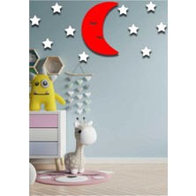 Mikasso Kırmızı Aydede + 10 Beyaz Yıldız Çocuk Odası Ahşap Duvar Süsü 32X22CM Ahşap Kırmızı