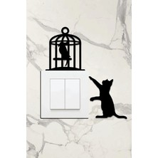 Mikasso Kuş Kafesi & Kedi Temalı Ahşap Priz Çerçevesi Ahşap Siyah