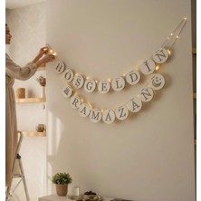 Mikasso Ahşap Hoşgeldin Ramazan Duvar Süsü | 3 Metre LED Işıklı Ramazan Dekoru Ahşap Bej