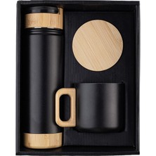 Kale Promosyon 550 ml Termos Seti Bambu Kapaklı + Bardak TERMOS(350 Ml) Iç 304 Çelik - Dış 201 Çelik