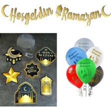 Mikasso Hoşgeldin Ramazan Gold Banner,6 Adet Ramazan Özel Baskılı Balon,6'lı Ramazan Süsleri Tavan Sarkıt Ak