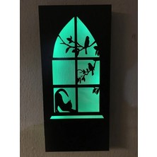 Mikasso Kedi -Kuş Motifli Peri Led(Yeşil) Pilli Ahşap Duvar Dekoru 36X18CM(PILLER Dahil) Ahşap Siyah