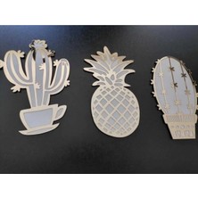 Mikasso Fincan Kaktüs Pleksi Ananas Duvar Dekorasyon Mutfak Süsü Ahşap Altın