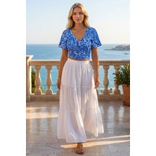 Lupinn Kadın Mavi Beyaz Desenli Crop Bluz V Yaka Kısa Kollu Yazlık Şık Günlük Tatil Kombin Üst
