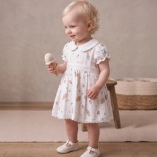 Kız Bebek Beyaz Bebe Yaka Çilek ve Dondurma Desenli Pamuklu Elbise