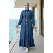 Harma Time Butik Kadın Fırfır Detaylı Düğmeli Kuşaklı Kot Mavi Elbise
