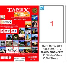 Tanex TW-2001 199,6x289,1 mm Laser Etiket 100 Ad. A4 Boyutunda Kaliteli Etiketler