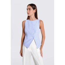 Thalure Kadın Mavi Pötikare Kruvaze Slim Fit Yelek
