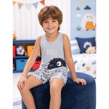 NiCe İç Giyim Erkek Çocuk Gri Renk Sevimli Canavar Desen Atlet & Şort Pamuklu Yumuşak Penye Trend Pijama Takım