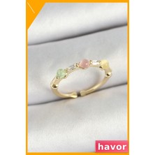 Havor Ayarlanabilir Pirinç Yüzük Zirkon Taşlı Sıralı Boncuk Desenli