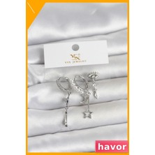Havor Gece Temalı Zirkon Taşlı 3'lü Kadın Küpe Seti Pirinç Gümüş Renk
