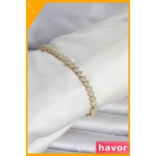 Havor Kalp Model Zirkon Taşlı Pirinç Bileklik Altın Rengi