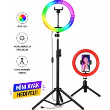 Moxti LED Işıklı Tripod 10 Inç Rgb Halka Youtuber Tiktok Makyaj Işığı Ayaklı Tripot Ring Fill Light