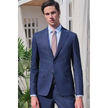 İmza Mavi Dokulu Sert Yaka Uzun Kol Cepsiz Slim Fit Pamuklu Gömlek 1004255283