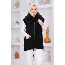 Esma Gündoğdu Kürklü Angora Yelek Siyah