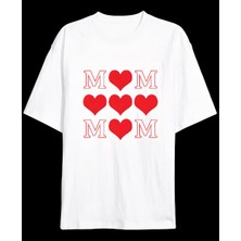 Mevese Sevgi Anneler Günü Hediye Mom Kalp Baskılı Oversize Bisiklet Yaka T-Shirt - Beyaz