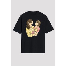 Mevese Yonca Anneler Günü Hediye Anne Kız Temalı Baskılı Oversize Bisiklet Yaka T-Shirt - Siyah