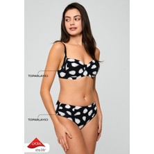 Kom Kadın Siyah Desenli Telli Kapsız Drape Detaylı Toparlayıcı Bikini Takımı