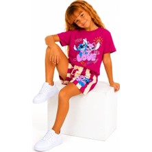 Cg Kids  Stitch ve Angel Kız Çocuk Baskılı Çizgili Şortlu Takım - Fuşya / Mürdüm