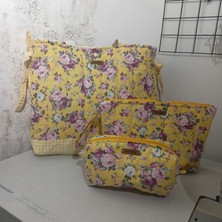 elisss bag 3'lü Set Kadın Çanta Plaj Çantası Düzenleyici Makyaj Çantası Çiçek Desenli Sarı Lunchbag %100 Pamuk