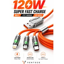 Ventoze 3'ü 1 Arada 120 W Hızlı Şarj Kablosu Type-C Lightning Micro USB Metal Başlıklı 1.2 Metre
