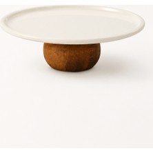 Beige & Stone Ahşap Ayaklı Krem Paslanmaz Çelik Servis - Sunum Tabağı Yuvarlak 22 cm Pasta Meyve Kek Standı