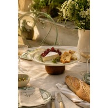 Beige & Stone Ahşap Ayaklı Krem Paslanmaz Çelik Servis - Sunum Tabağı Yuvarlak 22 cm Pasta Meyve Kek Standı
