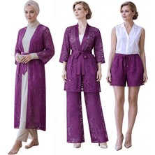 Qmen Style Bayan Dantel Kimonolu 3'lü Set- Mor
