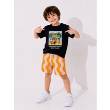 Cg Kids  Summer Vibes Baskılı Dalgalı Erkek Çocuk Şortlu Takım - Lacivert / Turuncu