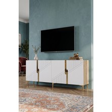 Yumedi Design KA1828DBG - Meba Konsol, Tv Sehpası, Çok Amaçlı Dolap ve Kahve Köşesi 180CM Safirmeşe-Beyaz-Gold
