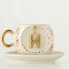 BSK Ceramics Handmade Sakura Harfli Kahve Fincanı H Harfi