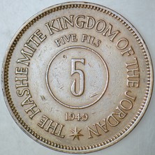 Banknoting Ürdün 5 Fils 1949.