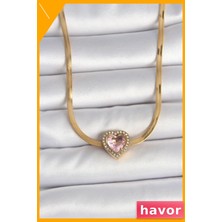 Havor Paslanmaz Çelik Kalp Kolye Pembe Taşlı 45CM Zincir
