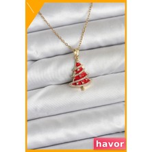 Havor Yılbaşı Temalı Kırmızı Çam Ağacı Modeli Kadın Kolye 45CM Zincir