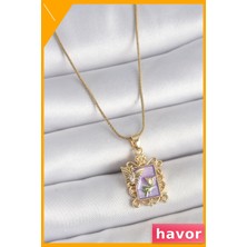 Havor Mor Mineli Çiçek Işlemeli Zirkon Taşlı Kelebek Detay Kolye
