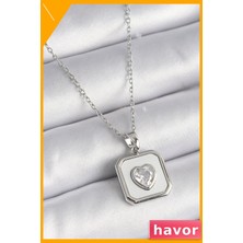 Havor Kare Madalyon Kalp Zirkon Taşlı Kadın Kolye 45CM Zincir