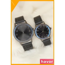 Havor Siyah Deri Kayışlı Metal Gövde Çift Saat Seti