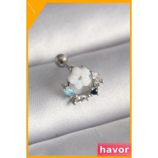 Havor Zirkon Taşlı Beyaz Çiçek Desenli Tragus Piercing 6mm Bar