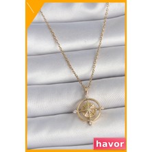 Havor Zirkon Taşlı Pusula Desenli Kadın Kolye 45CM Zincir