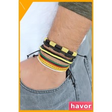 Havor Zımbalı Deri Erkek Bileklik Seti Sarı Renk