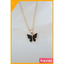 Havor Kelebek Motifli Siyah Kolye Altın Kaplama