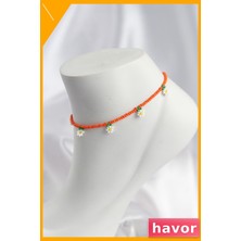 Havor Boncuklu Papatya Motifli Halhal Turuncu Renk Ayarlanabilir