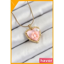 Havor Papatya Figürlü Kalp Model Inci Detaylı Kadın Kolye 45CM Zincir