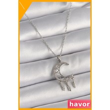 Havor Zirkon Taşlı Hilal Desenli Kadın Kolye 45CM Zincir