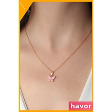 Havor Pembe Kelebek Figürlü Kadın Kolye Metal Aksesuar