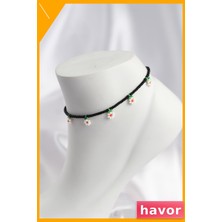 Havor Boncuklu Papatya Desenli Ayarlanabilir Halhal Siyah